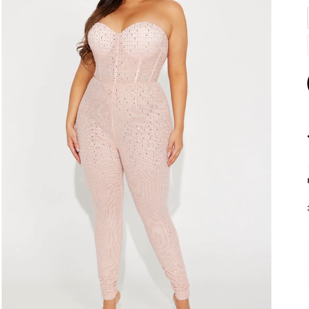 Light Blush Rhinestone Jumpsuit Strapless Sparkle Zipper Sheer Padded Corset